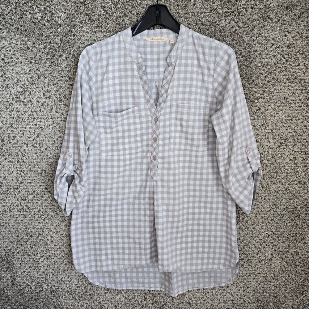 Soft Surroundings Top Womens Small Gray Check Tunic Popover Blouse Ladies